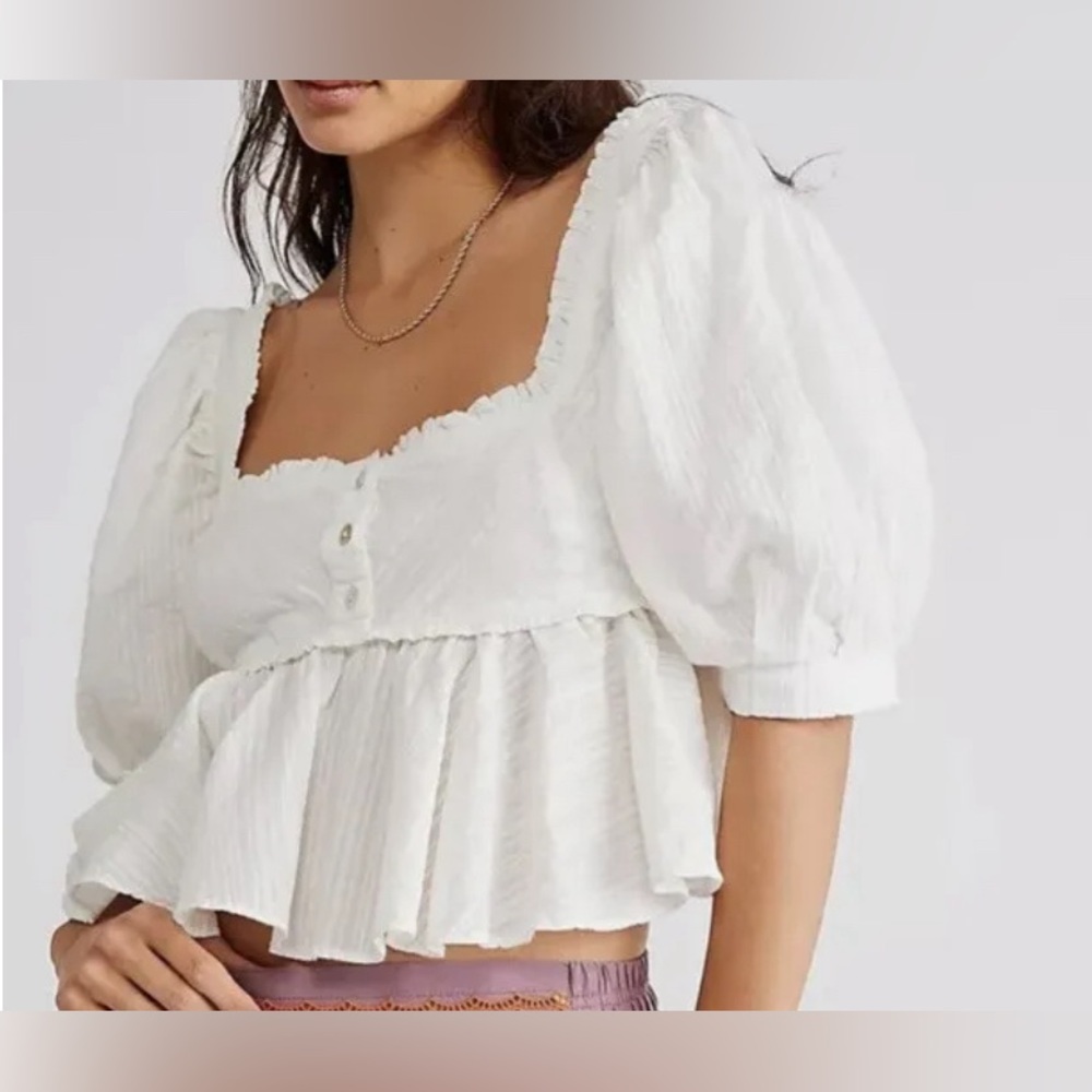 Free People White Puff Sleeve Peplum Crop Top